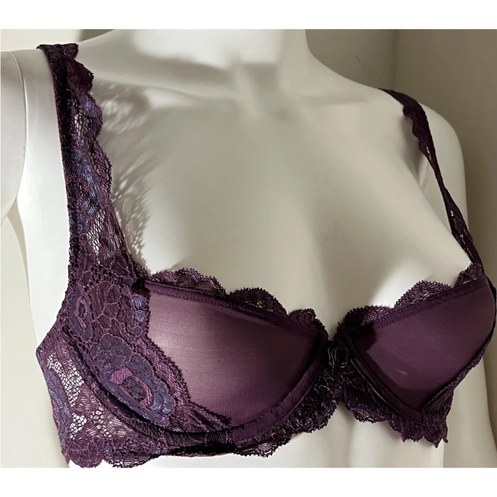NWOT Victoria’s Secret Floral Lace Overlay Iridescent & Purple Push Up Bra 34B